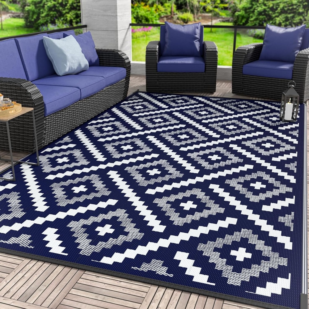 image:imageGENIMO Outdoor Rug for Patio Clearance 5x8 Reversible Plastic Straw Rugs Lightweight Waterproof RV Camping Mat for Camper Balcony Deck Backyard Picnic BlackBrownMixnavybluewhite