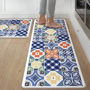 GENIMO Anti Fatigue Kitchen Mats for Floor 2PCS, Cushioned Standing Mats | 17.3″x47″&17.3″x30″, Light Taupe Brown vintage boho rug set, waterproof, non-slip, easy-clean for home laundry sink farmhouse(A.blue)