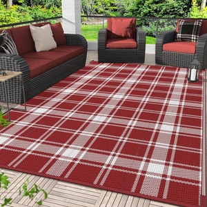 GENIMO Outdoor Rug for Patio Clearance, 5’x8′ Reversible Plastic Straw Rugs, Lightweight Waterproof RV Camping Mat for Camper, Balcony, Deck, Backyard, Picnic, BlackBrown(Red White Plaid)