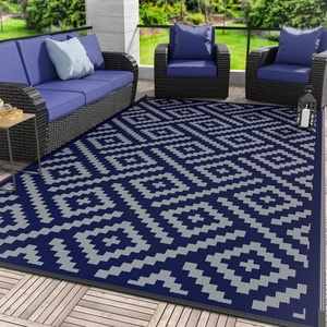 GENIMO Outdoor Rug for Patio Clearance, 5’x8′ Reversible Plastic Straw Rugs, Lightweight Waterproof RV Camping Mat for Camper, Balcony, Deck, Backyard, Picnic, BlackBrown(Blue&grey)