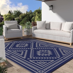 GENIMO Outdoor Rug for Patio Clearance, 5’x8′ Reversible Plastic Straw Rugs, Lightweight Waterproof RV Camping Mat for Camper, Balcony, Deck, Backyard, Picnic, BlackBrown(Blue & Grey Aztec)