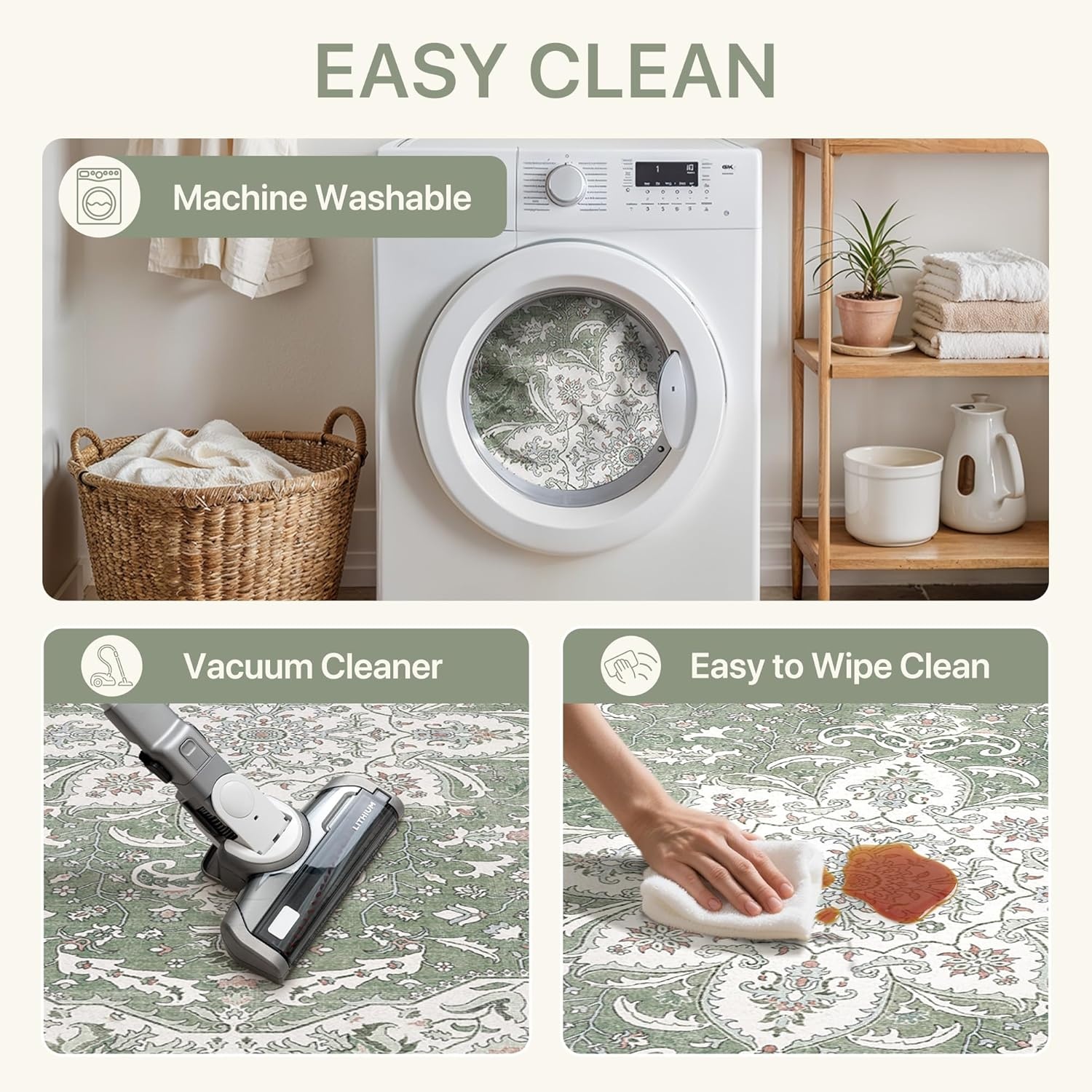 image:imageGENIMO 2x10 Washable Runner Rug Non Slip for Hallway Sage Green Ivory Vintage Floral Kitchen Runner Stain Resistant Low Pile and Lightweight for Entryway Bedroom Bathroom and Laundry Room