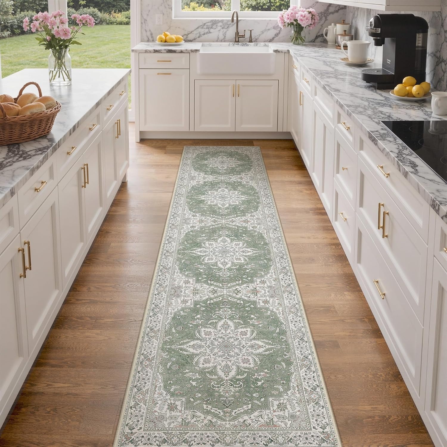 image:imageGENIMO 2x10 Washable Runner Rug Non Slip for Hallway Sage Green Ivory Vintage Floral Kitchen Runner Stain Resistant Low Pile and Lightweight for Entryway Bedroom Bathroom and Laundry Room