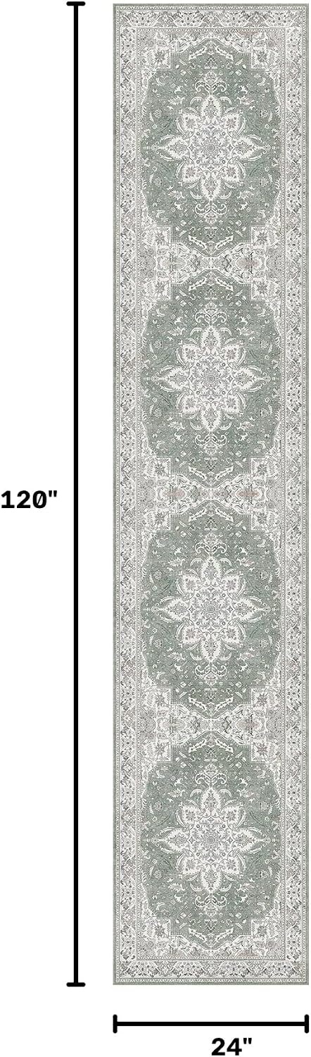 image:imageGENIMO 2x10 Washable Runner Rug Non Slip for Hallway Sage Green Ivory Vintage Floral Kitchen Runner Stain Resistant Low Pile and Lightweight for Entryway Bedroom Bathroom and Laundry Room