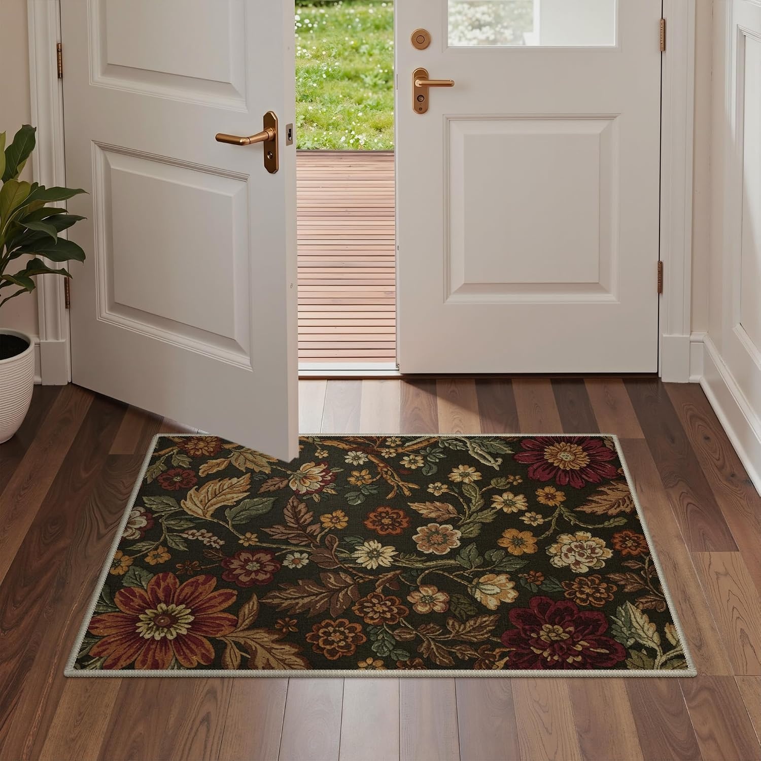image:imageGENIMO 2x3 Washable Entryway Rug Non Slip Indoor Door Mat Black Red Gold Vintage Floral Small Throw Rugs Stain Resistant Low Pile and Lightweight for Kitchen Bathroom and Bedroom