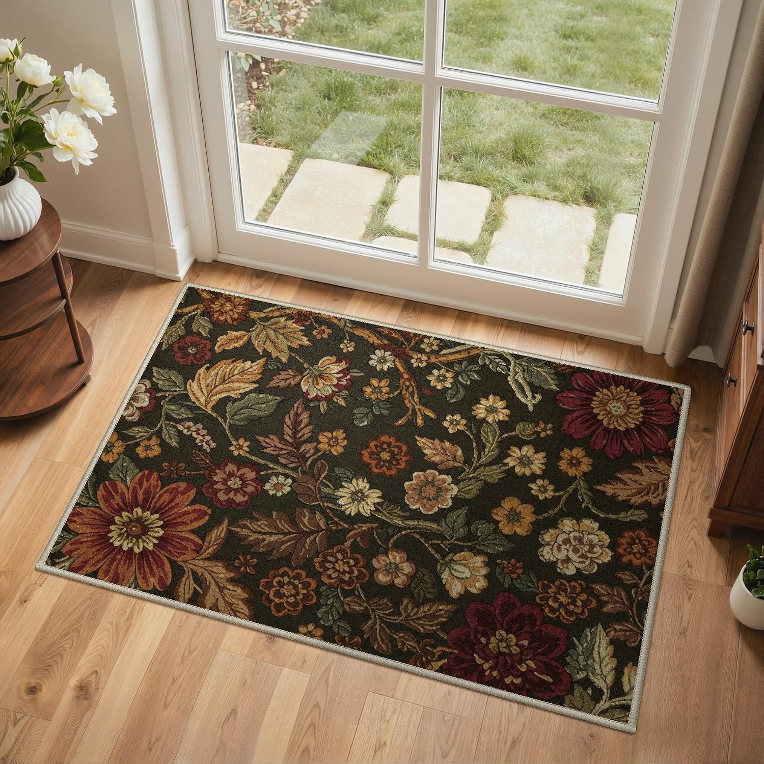 image:imageGENIMO 2x3 Washable Entryway Rug Non Slip Indoor Door Mat Black Red Gold Vintage Floral Small Throw Rugs Stain Resistant Low Pile and Lightweight for Kitchen Bathroom and Bedroom