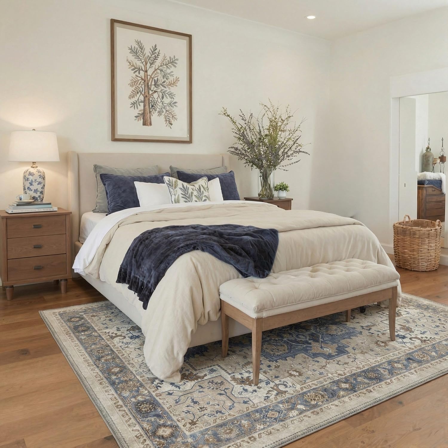 image:imageGENIMO 2x3 Washable Entryway Rug Non Slip Indoor Door Mat Blue Cream Vintage Floral Small Throw Rugs Stain Resistant Low Pile and Lightweight for Kitchen Bathroom and Bedroom