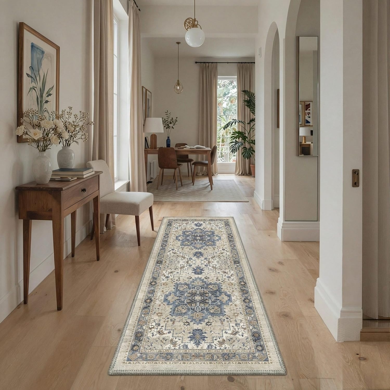 image:imageGENIMO 2x3 Washable Entryway Rug Non Slip Indoor Door Mat Blue Cream Vintage Floral Small Throw Rugs Stain Resistant Low Pile and Lightweight for Kitchen Bathroom and Bedroom