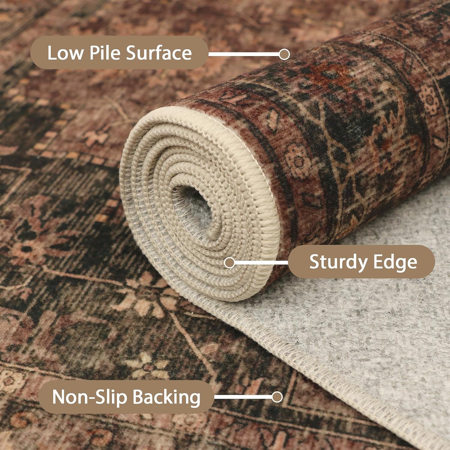 image:imageGENIMO 2x3 Washable Entryway Rug Non Slip Indoor Door Mat Dark Brown Vintage Floral Small Throw Rugs Stain Resistant Low Pile and Lightweight for Kitchen Bathroom and Bedroom
