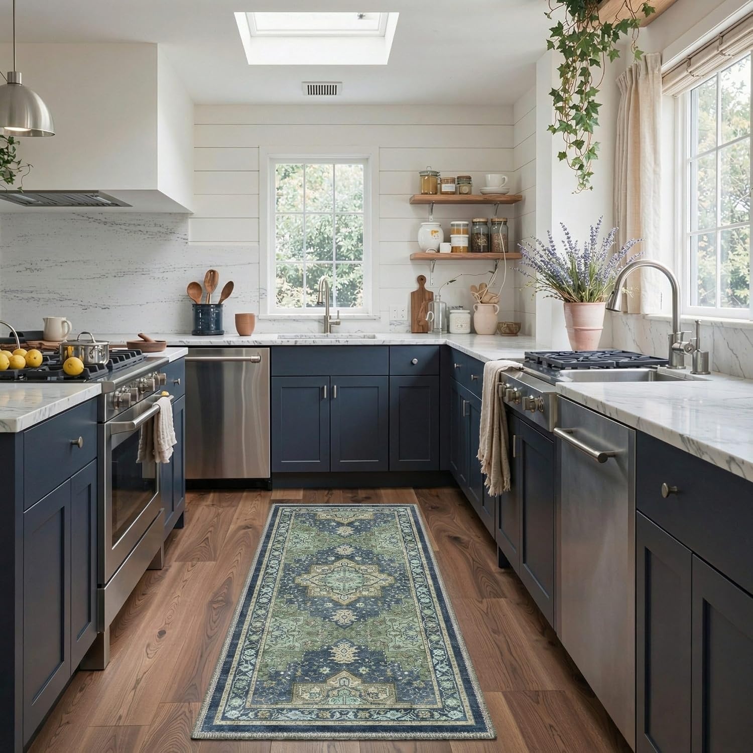 image:imageGENIMO 2x3 Washable Entryway Rug Non Slip Indoor Door Mat Navy Blue Green Vintage Floral Small Throw Rugs Stain Resistant Low Pile and Lightweight for Kitchen Bathroom and Bedroom
