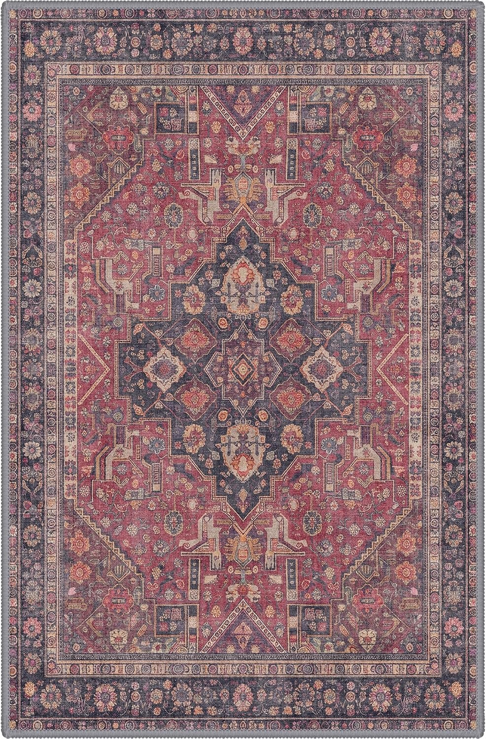 image:imageGENIMO 2x3 Washable Entryway Rug Non Slip Indoor Door Mat Red Navy Blue Vintage Floral Small Throw Rugs Stain Resistant Low Pile and Lightweight for Kitchen Bathroom and Bedroom