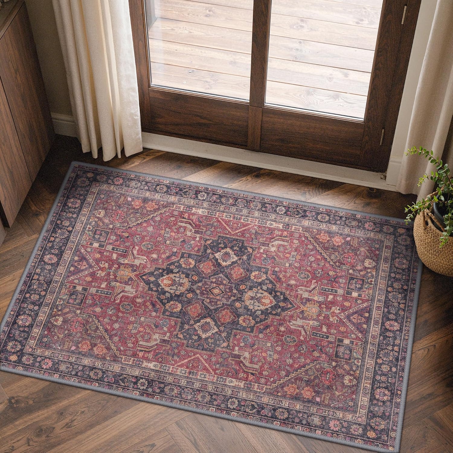 image:imageGENIMO 2x3 Washable Entryway Rug Non Slip Indoor Door Mat Red Navy Blue Vintage Floral Small Throw Rugs Stain Resistant Low Pile and Lightweight for Kitchen Bathroom and Bedroom