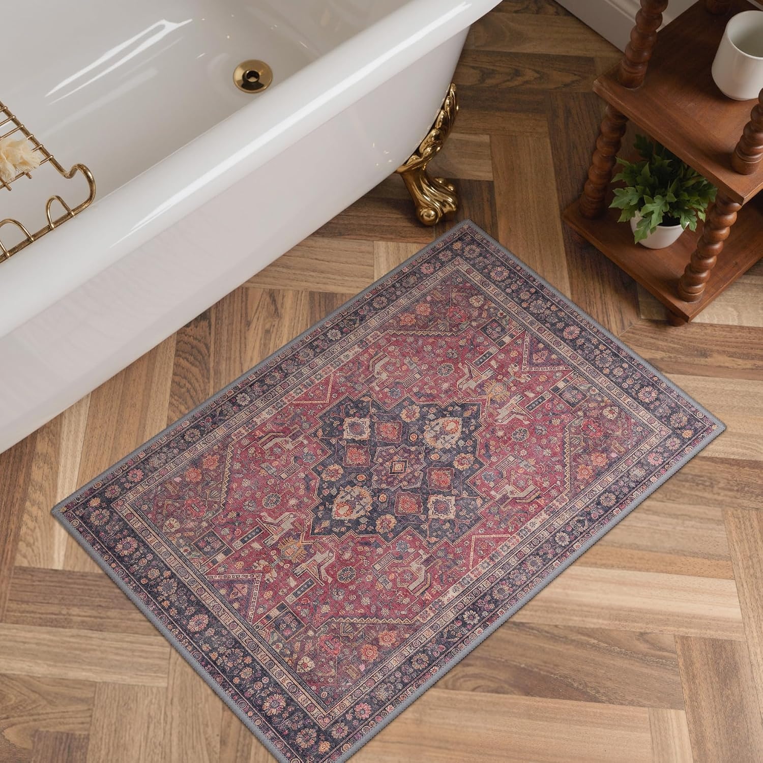 image:imageGENIMO 2x3 Washable Entryway Rug Non Slip Indoor Door Mat Red Navy Blue Vintage Floral Small Throw Rugs Stain Resistant Low Pile and Lightweight for Kitchen Bathroom and Bedroom