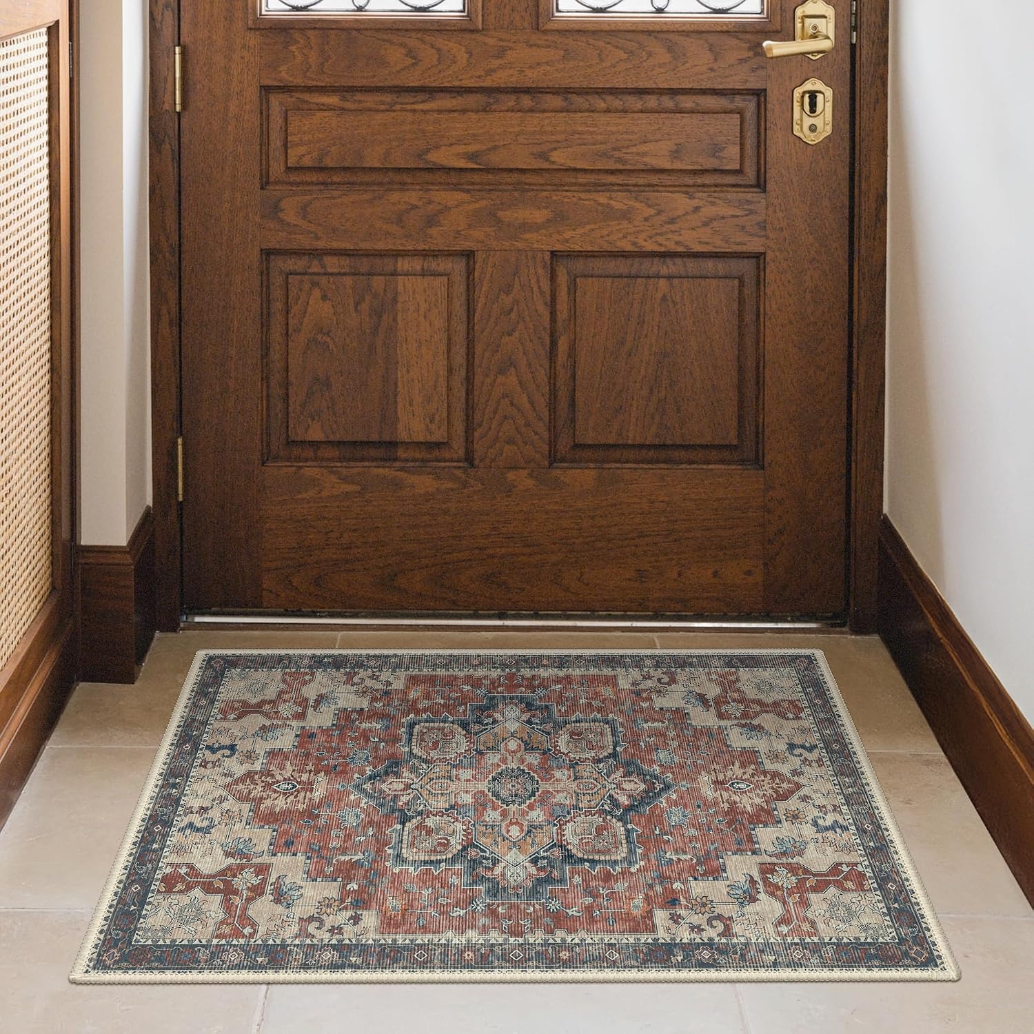 image:imageGENIMO 2x3 Washable Entryway Rug Non Slip Indoor Door Mat Rust Blue Vintage Floral Small Throw Rugs Stain Resistant Low Pile and Lightweight for Kitchen Bathroom and Bedroom