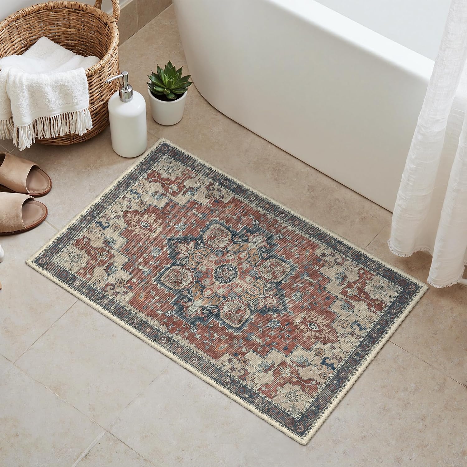 image:imageGENIMO 2x3 Washable Entryway Rug Non Slip Indoor Door Mat Rust Blue Vintage Floral Small Throw Rugs Stain Resistant Low Pile and Lightweight for Kitchen Bathroom and Bedroom