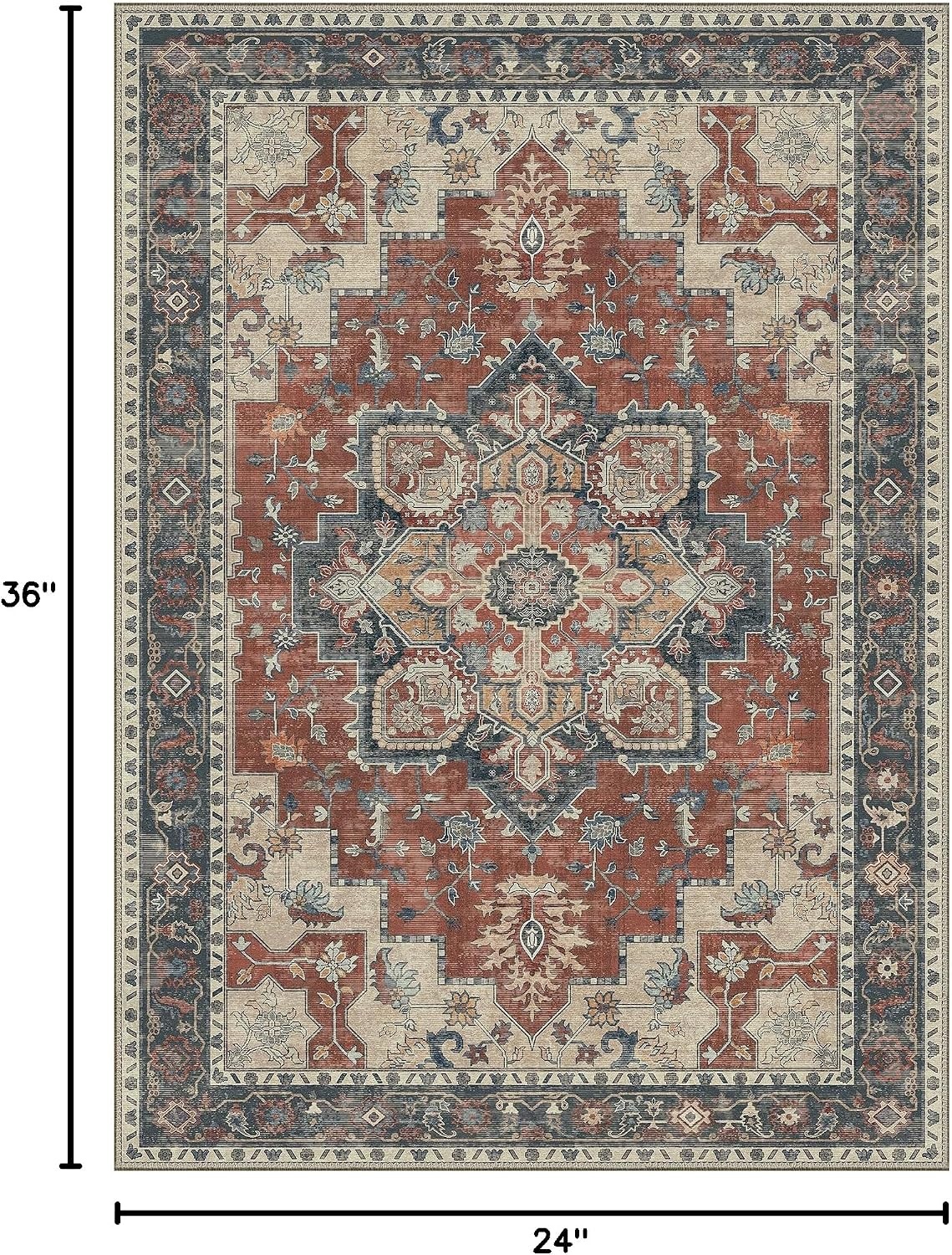 image:imageGENIMO 2x3 Washable Entryway Rug Non Slip Indoor Door Mat Rust Blue Vintage Floral Small Throw Rugs Stain Resistant Low Pile and Lightweight for Kitchen Bathroom and Bedroom