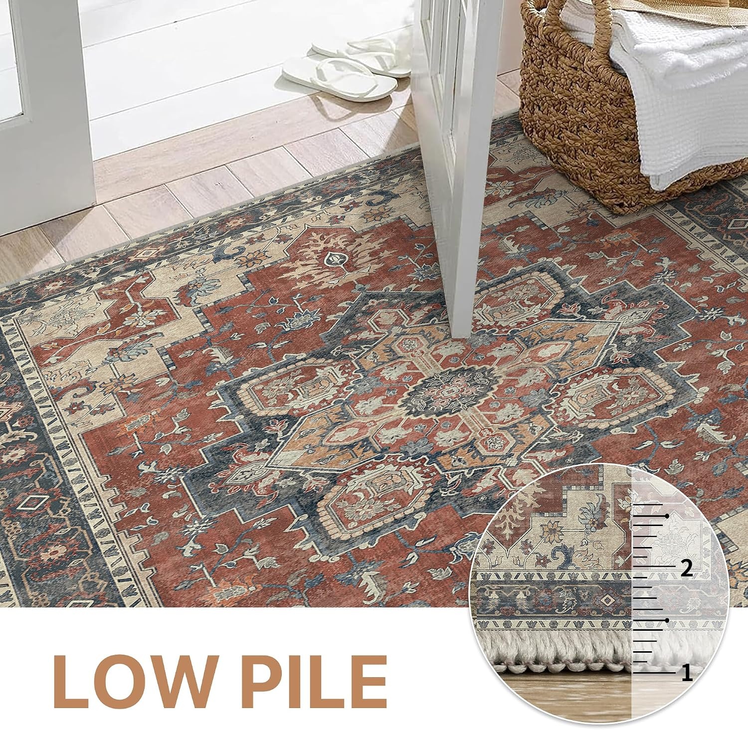 image:imageGENIMO 2x3 Washable Entryway Rug Non Slip Indoor Door Mat Rust Blue Vintage Floral Small Throw Rugs Stain Resistant Low Pile and Lightweight for Kitchen Bathroom and Bedroom