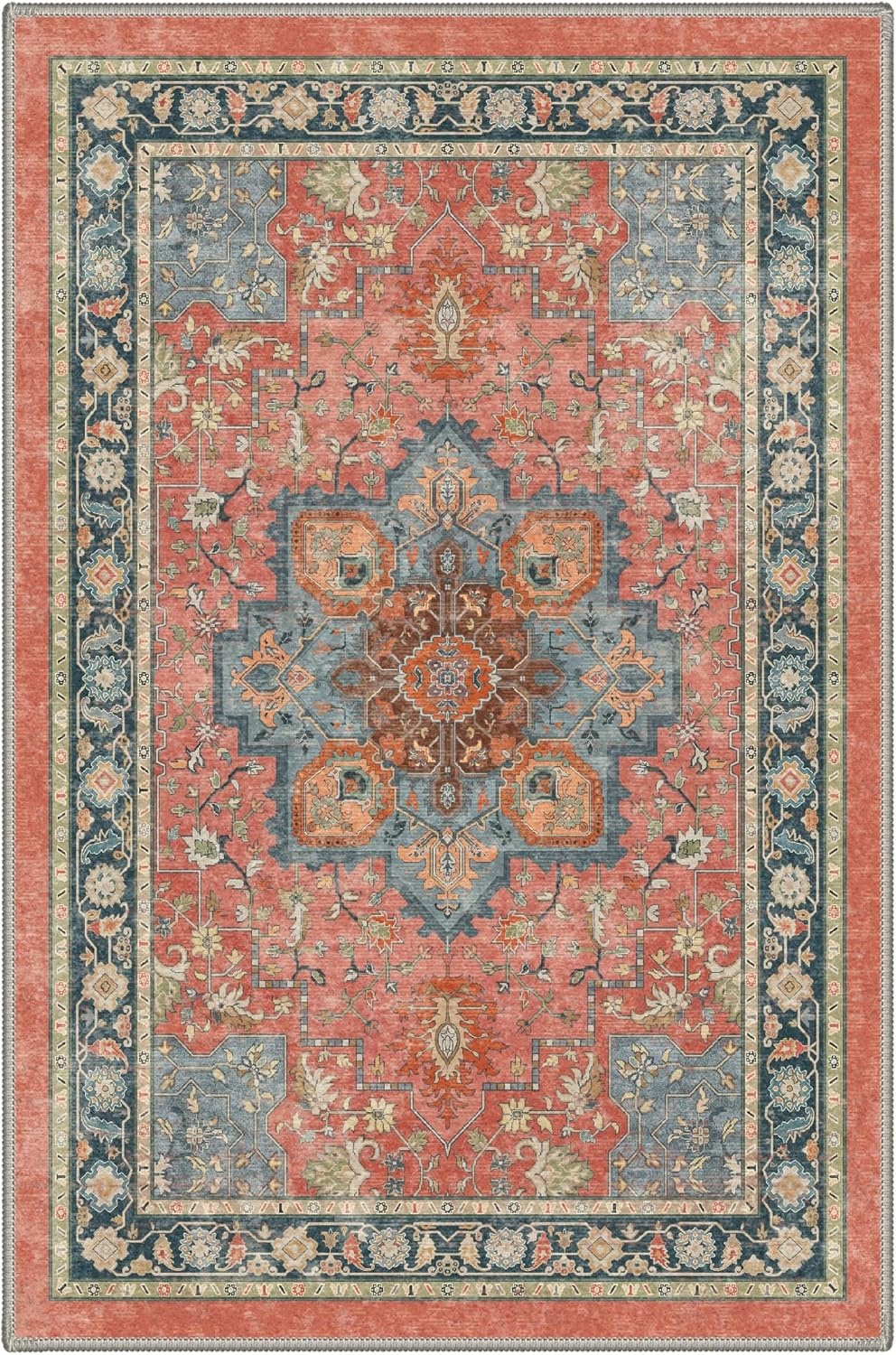 image:imageGENIMO 2x3 Washable Entryway Rug Non Slip Indoor Door Mat Terracotta Teal Vintage Floral Small Throw Rugs Stain Resistant Low Pile and Lightweight for Kitchen Bathroom and Bedroom