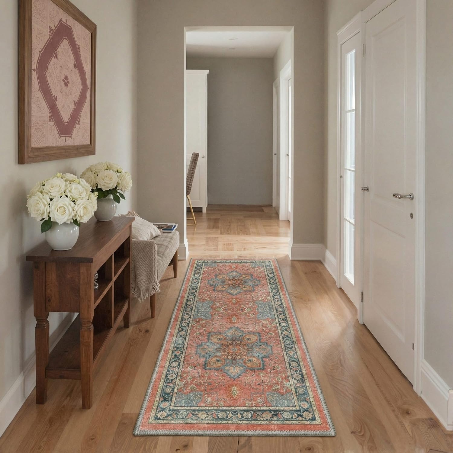 image:imageGENIMO 2x3 Washable Entryway Rug Non Slip Indoor Door Mat Terracotta Teal Vintage Floral Small Throw Rugs Stain Resistant Low Pile and Lightweight for Kitchen Bathroom and Bedroom