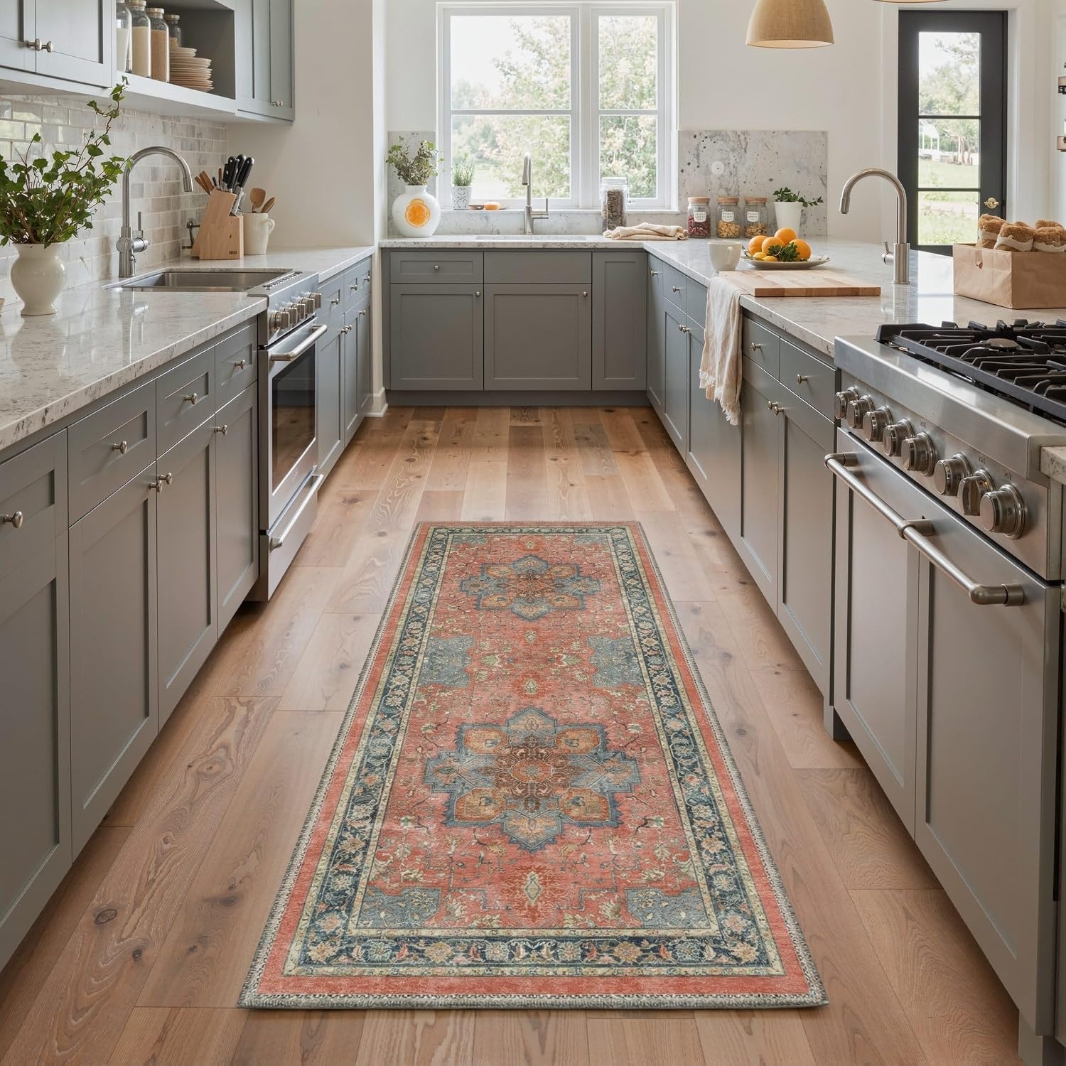 image:imageGENIMO 2x3 Washable Entryway Rug Non Slip Indoor Door Mat Terracotta Teal Vintage Floral Small Throw Rugs Stain Resistant Low Pile and Lightweight for Kitchen Bathroom and Bedroom