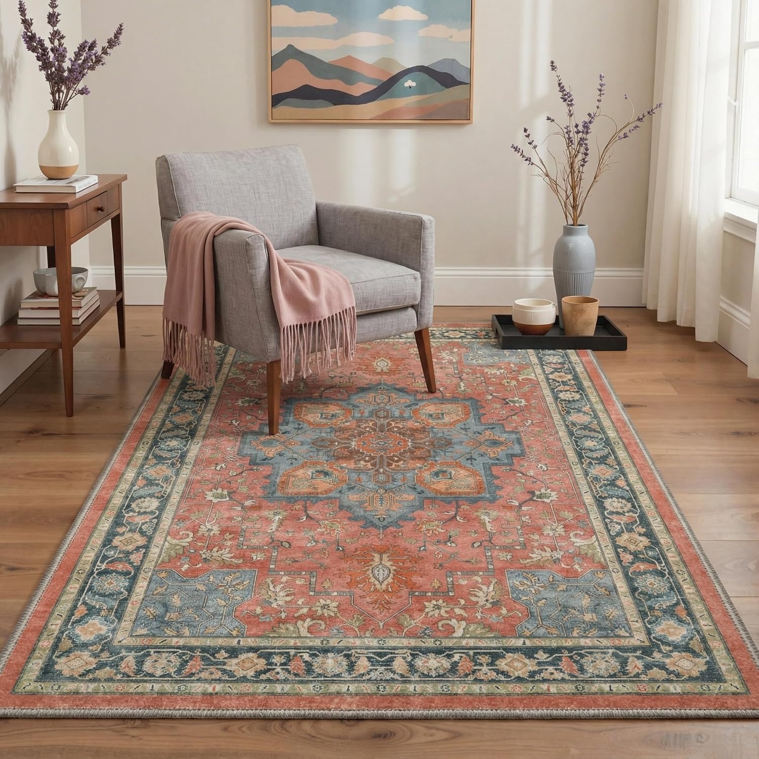 image:imageGENIMO 2x3 Washable Entryway Rug Non Slip Indoor Door Mat Terracotta Teal Vintage Floral Small Throw Rugs Stain Resistant Low Pile and Lightweight for Kitchen Bathroom and Bedroom