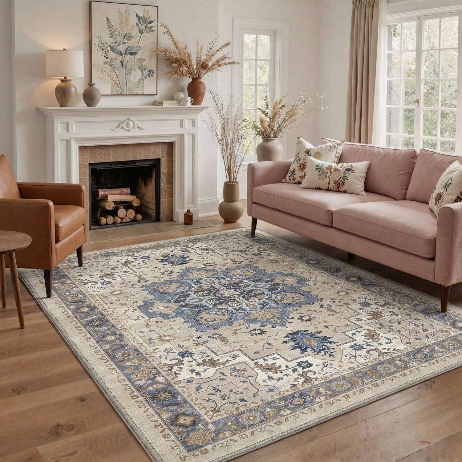 image:imageGENIMO 2x5 Washable Runner Rug Non Slip for Hallway Blue Cream Vintage Floral Kitchen Runner Stain Resistant Low Pile and Lightweight for Entryway Bedroom Bathroom and Laundry Room
