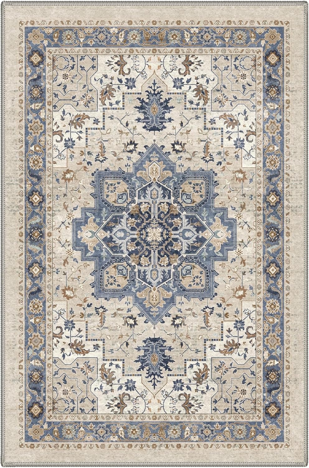 image:imageGENIMO 2x5 Washable Runner Rug Non Slip for Hallway Blue Cream Vintage Floral Kitchen Runner Stain Resistant Low Pile and Lightweight for Entryway Bedroom Bathroom and Laundry Room