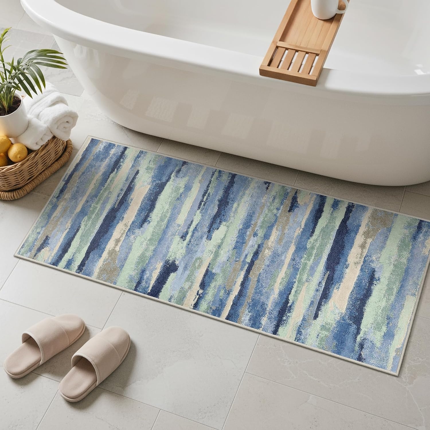 image:imageGENIMO 2x5 Washable Runner Rug Non Slip for Hallway Blue Sage Green Ivory Vintage Floral Kitchen Runner Stain Resistant Low Pile and Lightweight for Entryway Bedroom Bathroom and Laundry Room
