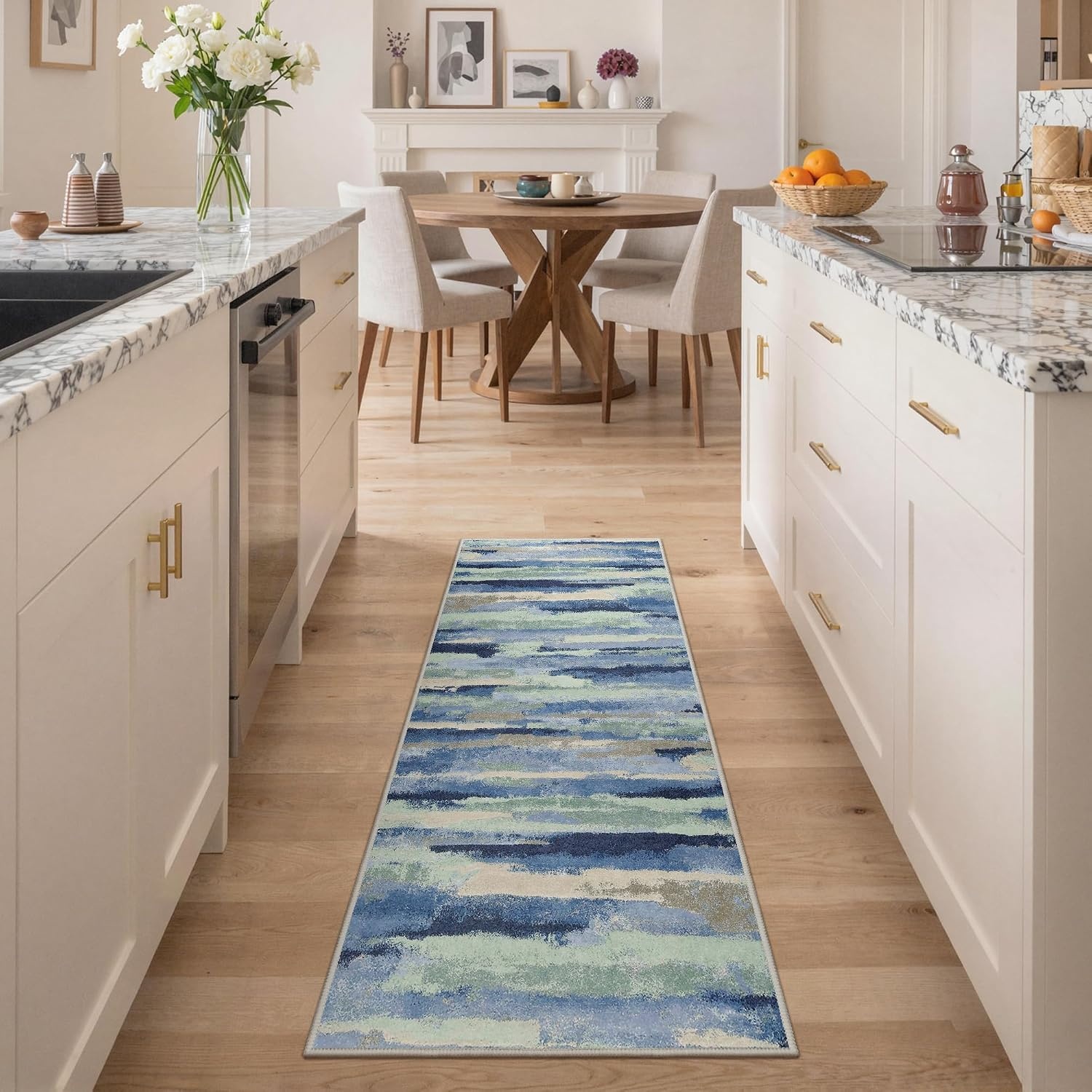 image:imageGENIMO 2x5 Washable Runner Rug Non Slip for Hallway Blue Sage Green Ivory Vintage Floral Kitchen Runner Stain Resistant Low Pile and Lightweight for Entryway Bedroom Bathroom and Laundry Room