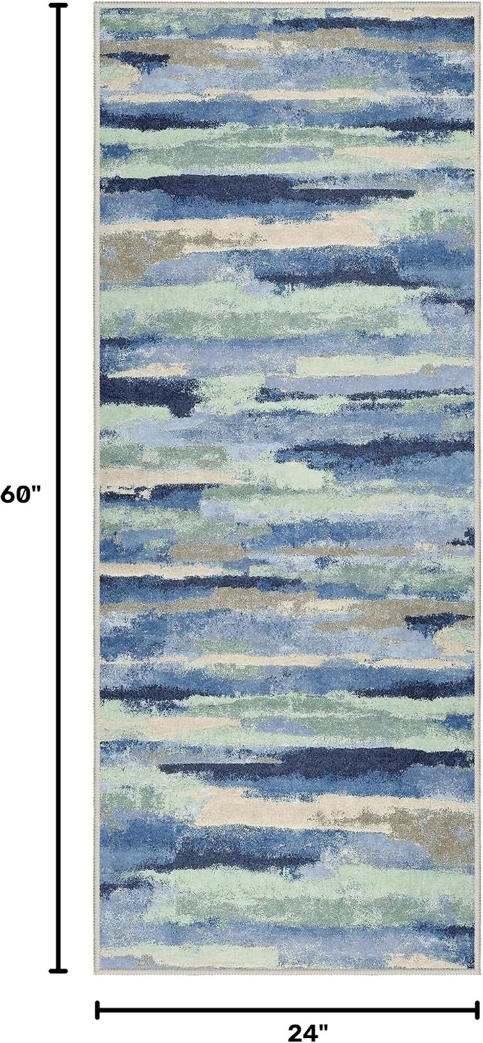 image:imageGENIMO 2x5 Washable Runner Rug Non Slip for Hallway Blue Sage Green Ivory Vintage Floral Kitchen Runner Stain Resistant Low Pile and Lightweight for Entryway Bedroom Bathroom and Laundry Room