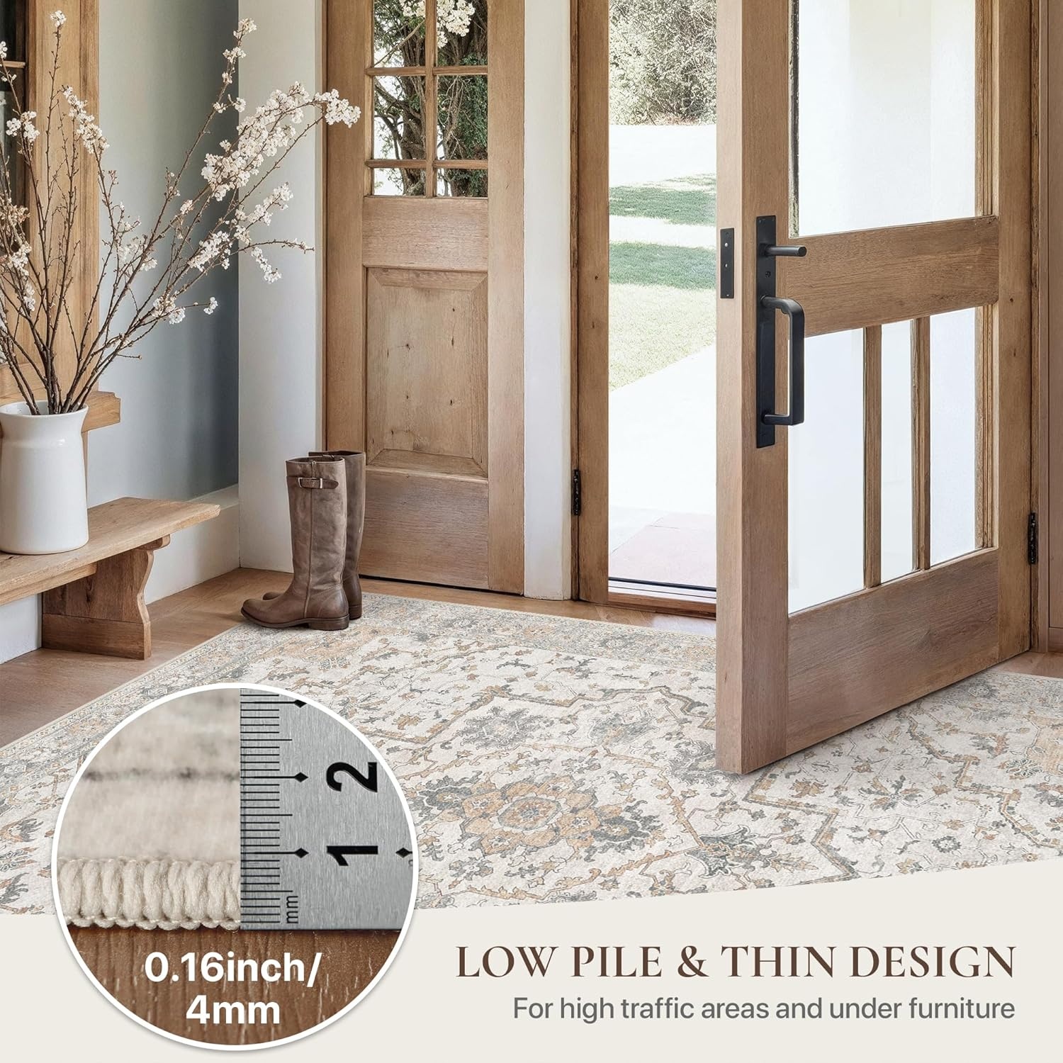 image:imageGENIMO 2x5 Washable Runner Rug Non Slip for Hallway Ivory Gray Tan Vintage Floral Kitchen Runner Stain Resistant Low Pile and Lightweight for Entryway Bedroom Bathroom and Laundry Room