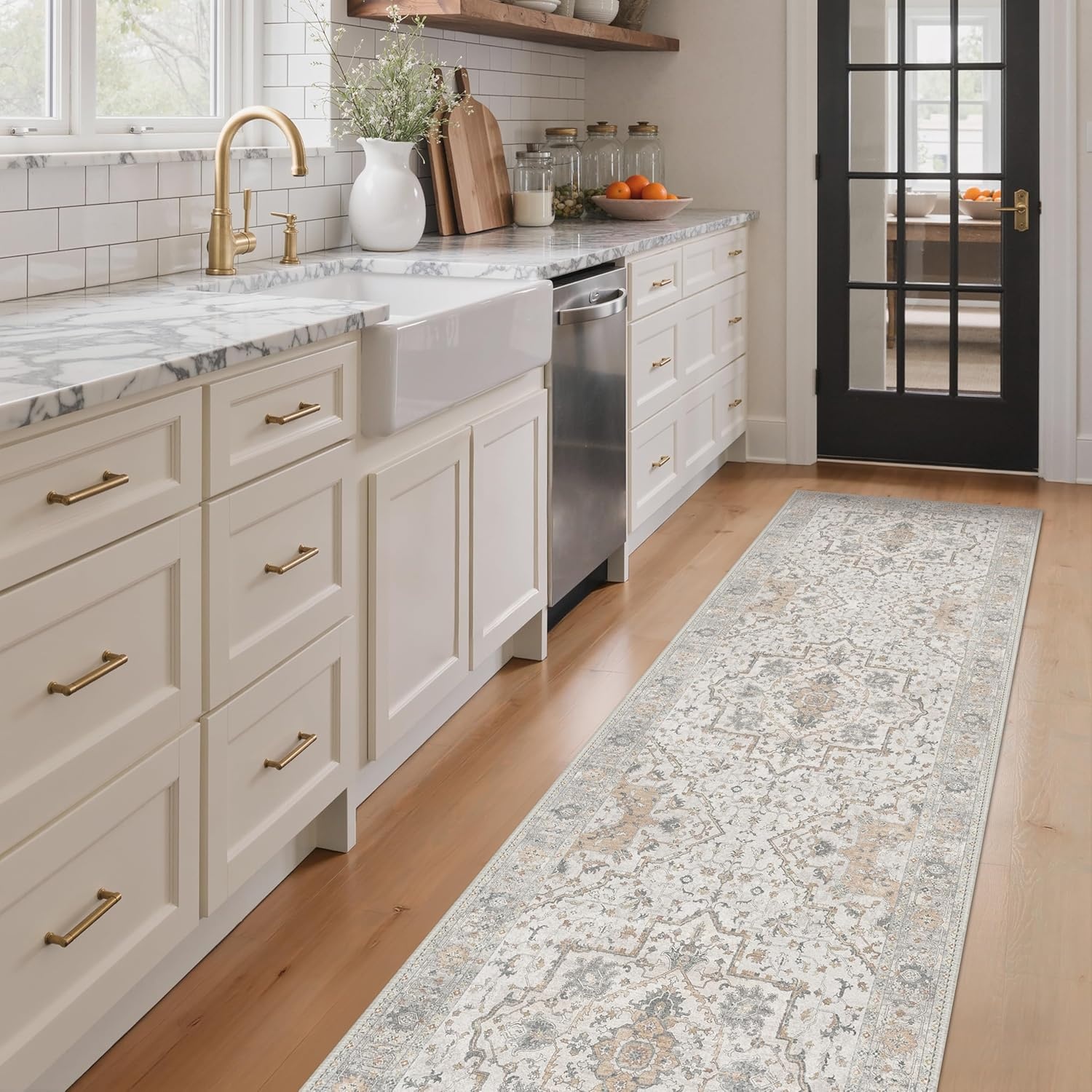 image:imageGENIMO 2x5 Washable Runner Rug Non Slip for Hallway Ivory Gray Tan Vintage Floral Kitchen Runner Stain Resistant Low Pile and Lightweight for Entryway Bedroom Bathroom and Laundry Room