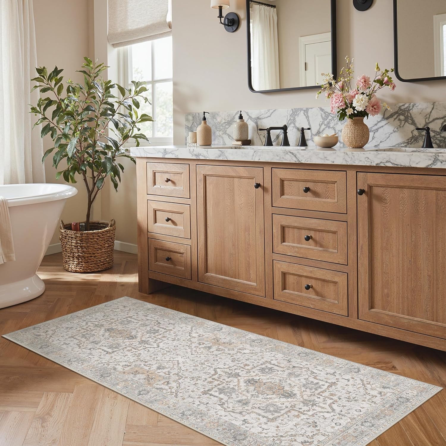 image:imageGENIMO 2x5 Washable Runner Rug Non Slip for Hallway Ivory Gray Tan Vintage Floral Kitchen Runner Stain Resistant Low Pile and Lightweight for Entryway Bedroom Bathroom and Laundry Room