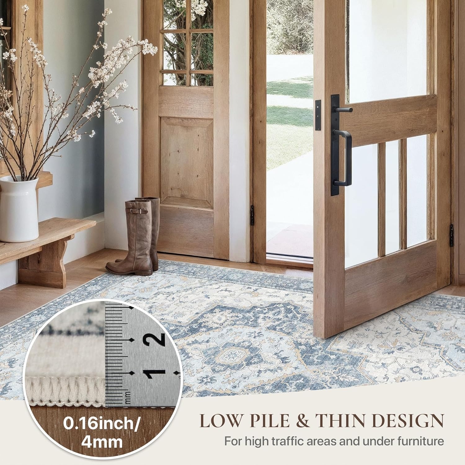 image:imageGENIMO 2x5 Washable Runner Rug Non Slip for Hallway Ivory Light Blue Vintage Floral Kitchen Runner Stain Resistant Low Pile and Lightweight for Entryway Bedroom Bathroom and Laundry Room