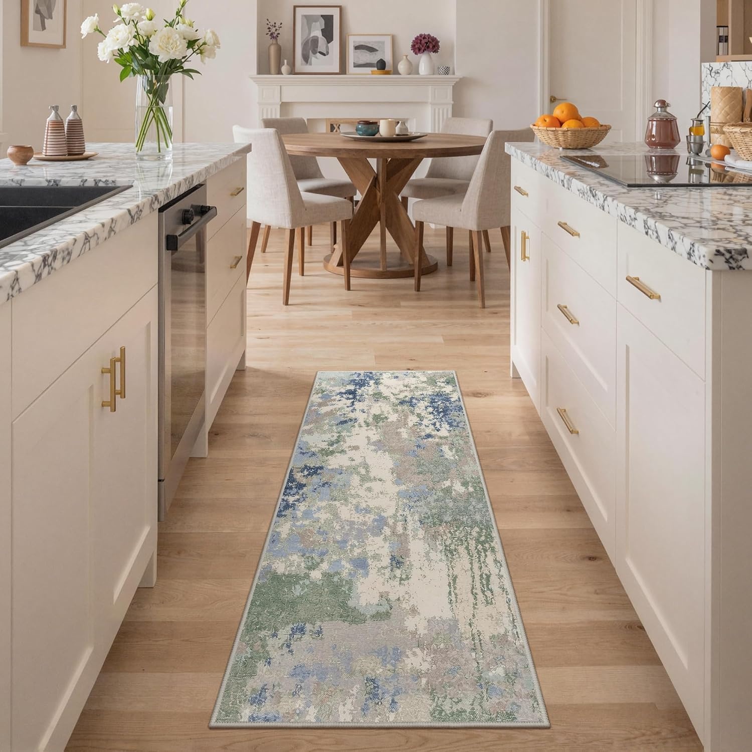 image:imageGENIMO 2x5 Washable Runner Rug Non Slip for Hallway Sage Green Blue Beige Vintage Floral Kitchen Runner Stain Resistant Low Pile and Lightweight for Entryway Bedroom Bathroom and Laundry Room