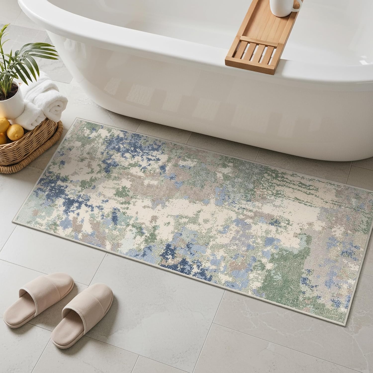 image:imageGENIMO 2x5 Washable Runner Rug Non Slip for Hallway Sage Green Blue Beige Vintage Floral Kitchen Runner Stain Resistant Low Pile and Lightweight for Entryway Bedroom Bathroom and Laundry Room