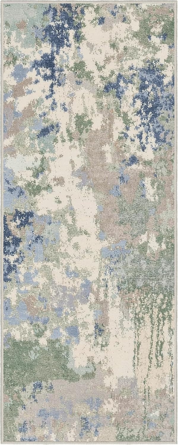 image:imageGENIMO 2x5 Washable Runner Rug Non Slip for Hallway Sage Green Blue Beige Vintage Floral Kitchen Runner Stain Resistant Low Pile and Lightweight for Entryway Bedroom Bathroom and Laundry Room