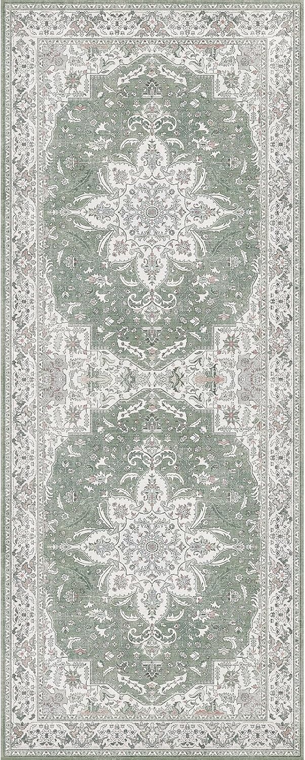 image:imageGENIMO 2x5 Washable Runner Rug Non Slip for Hallway Sage Green Ivory Vintage Floral Kitchen Runner Stain Resistant Low Pile and Lightweight for Entryway Bedroom Bathroom and Laundry Room