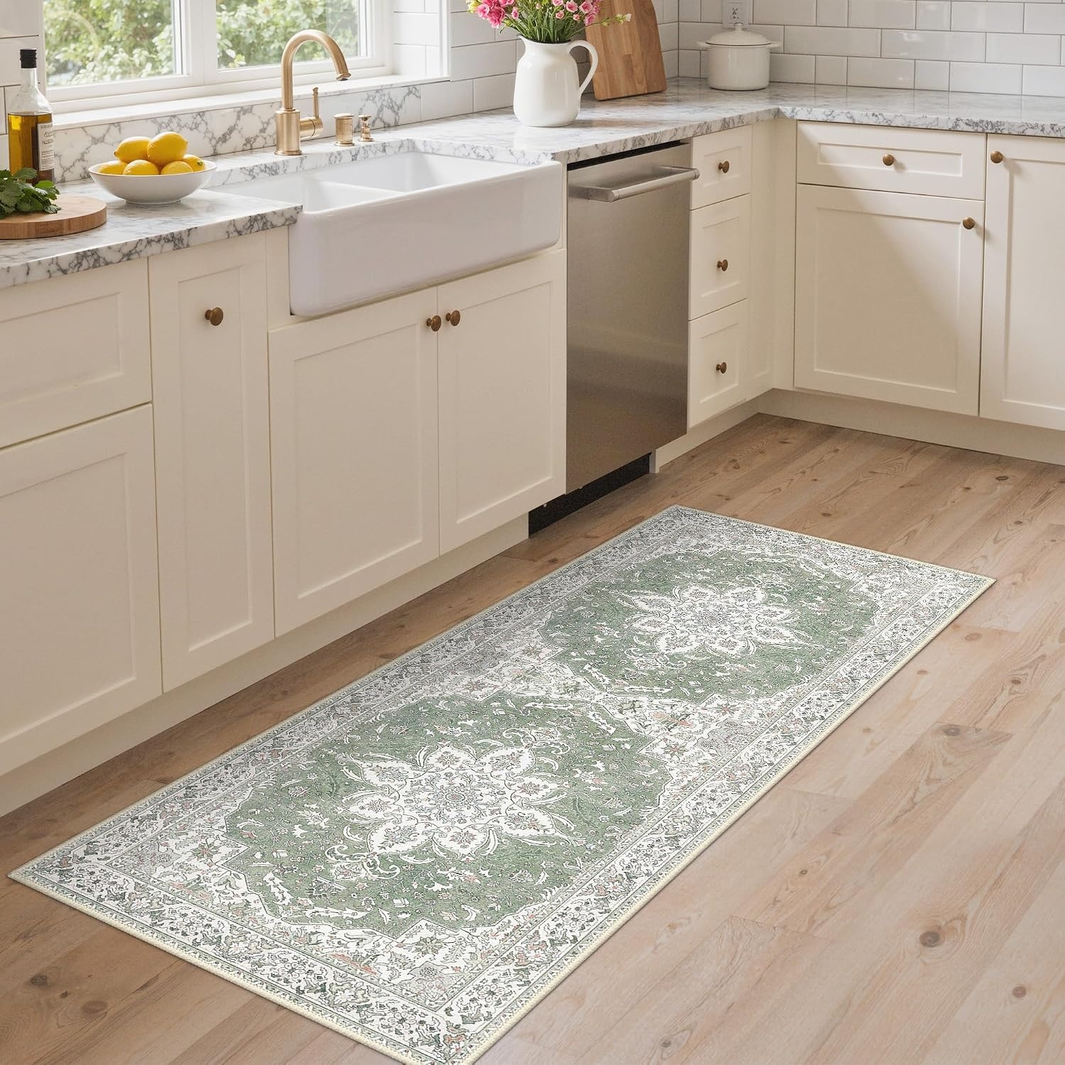 image:imageGENIMO 2x5 Washable Runner Rug Non Slip for Hallway Sage Green Ivory Vintage Floral Kitchen Runner Stain Resistant Low Pile and Lightweight for Entryway Bedroom Bathroom and Laundry Room