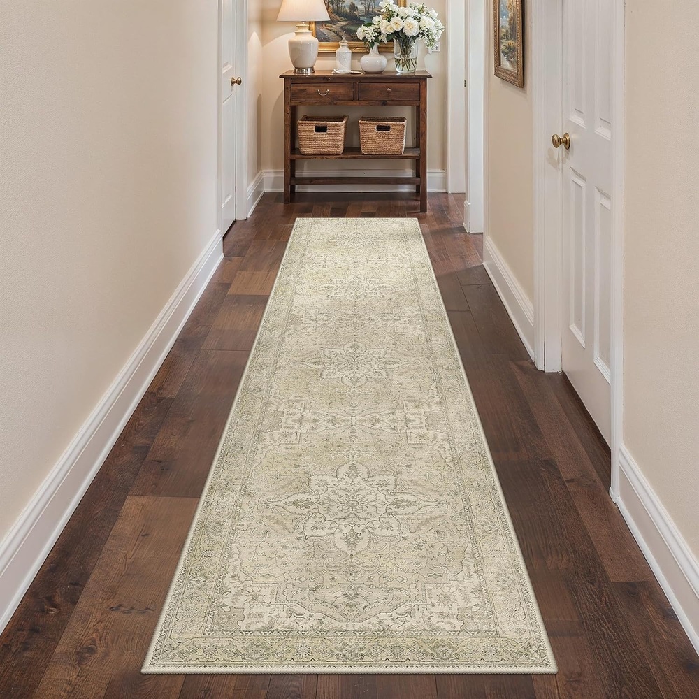 image:imageGENIMO 2x10 Washable Runner Rug Non Slip for Hallway Ivory Taupe  Vintage Floral Kitchen Runner Stain Resistant Low Pile and Lightweight for Entryway Bedroom Bathroom and Laundry Room