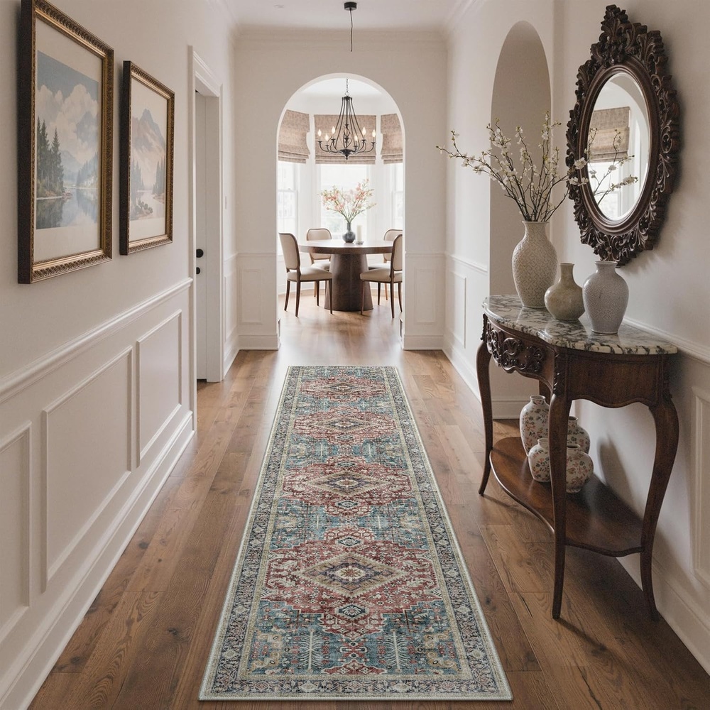 image:imageGENIMO 2x10 Washable Runner Rug Non Slip for Hallway Teal Rust Ivory  Vintage Floral Kitchen Runner Stain Resistant Low Pile and Lightweight for Entryway Bedroom Bathroom and Laundry Room
