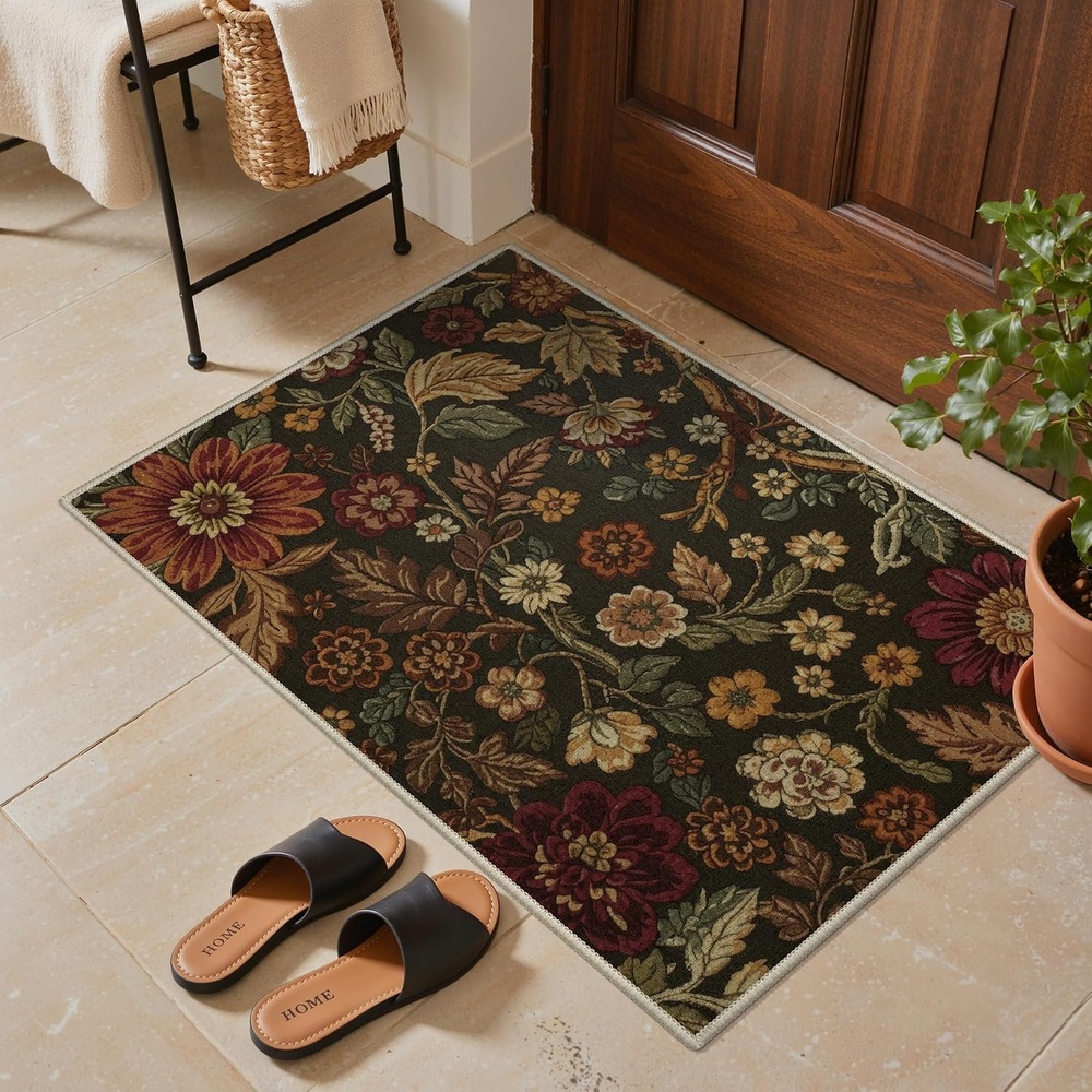 image:imageGENIMO 2x3 Washable Entryway Rug Non Slip Indoor Door Mat Black Red Gold Vintage Floral Small Throw Rugs Stain Resistant Low Pile and Lightweight for Kitchen Bathroom and Bedroom