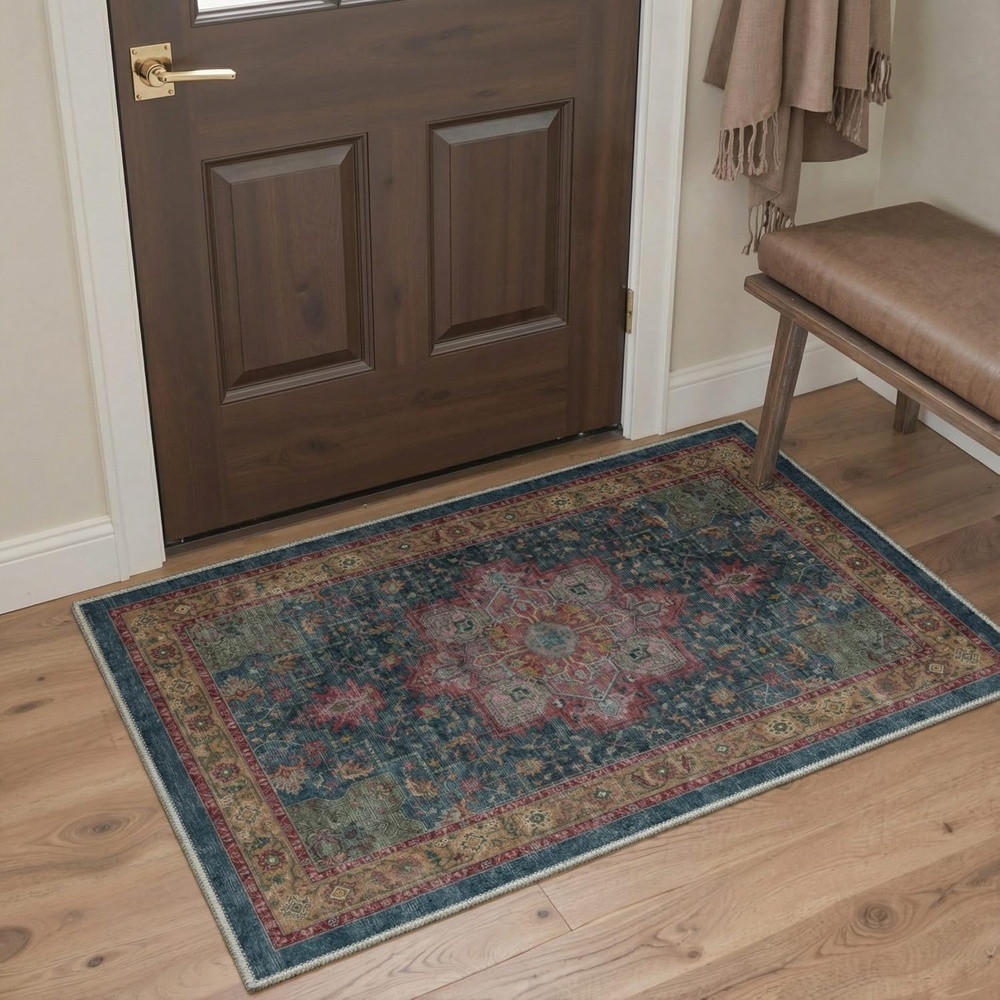 image:imageGENIMO 2x3 Washable Entryway Rug Non Slip Indoor Door Mat Blue Burgundy Vintage Floral Small Throw Rugs Stain Resistant Low Pile and Lightweight for Kitchen Bathroom and Bedroom