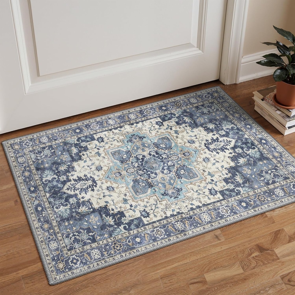 image:imageGENIMO 2x3 Washable Entryway Rug Non Slip Indoor Door Mat Blue Ivory Vintage Floral Small Throw Rugs Stain Resistant Low Pile and Lightweight for Kitchen Bathroom and Bedroom