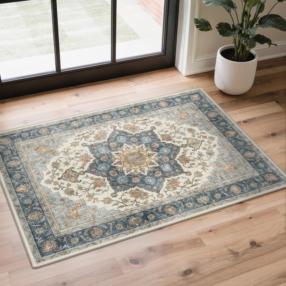 image:imageGENIMO 2x3 Washable Entryway Rug Non Slip Indoor Door Mat Blue Ivory Brown Vintage Floral Small Throw Rugs Stain Resistant Low Pile and Lightweight for Kitchen Bathroom and Bedroom