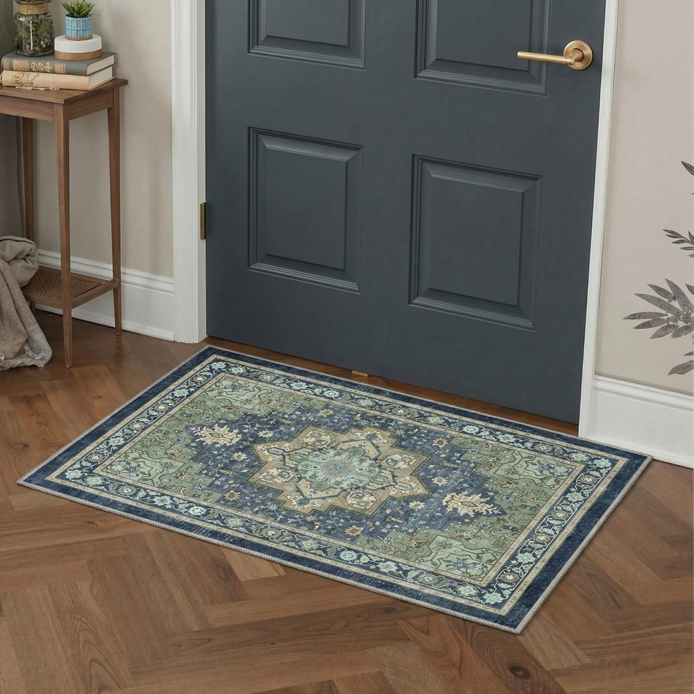 image:imageGENIMO 2x3 Washable Entryway Rug Non Slip Indoor Door Mat Navy Blue Green Vintage Floral Small Throw Rugs Stain Resistant Low Pile and Lightweight for Kitchen Bathroom and Bedroom