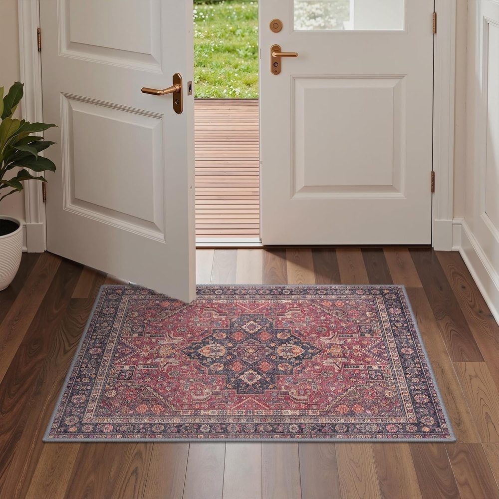 image:imageGENIMO 2x3 Washable Entryway Rug Non Slip Indoor Door Mat Red Navy Blue Vintage Floral Small Throw Rugs Stain Resistant Low Pile and Lightweight for Kitchen Bathroom and Bedroom