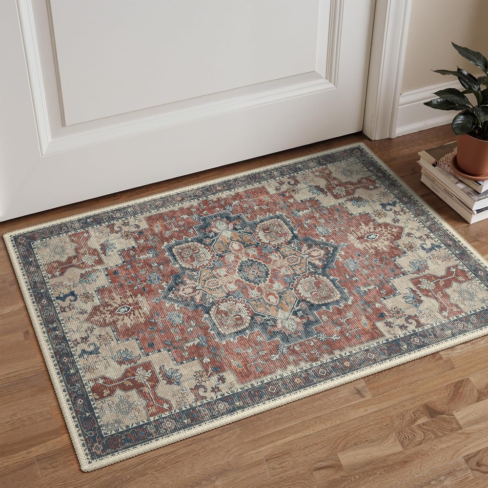 image:imageGENIMO 2x3 Washable Entryway Rug Non Slip Indoor Door Mat Rust Blue Vintage Floral Small Throw Rugs Stain Resistant Low Pile and Lightweight for Kitchen Bathroom and Bedroom