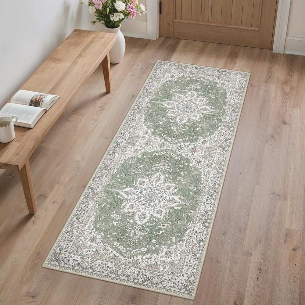 image:imageGENIMO 2x5 Washable Runner Rug Non Slip for Hallway Sage Green Ivory Vintage Floral Kitchen Runner Stain Resistant Low Pile and Lightweight for Entryway Bedroom Bathroom and Laundry Room