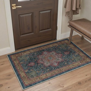GENIMO 2×3 Washable Entryway Rug Non Slip Indoor Door Mat Blue Burgundy | Vintage Floral Small Throw Rugs, Stain Resistant, Low Pile and Lightweight for Kitchen, Bathroom and Bedroom